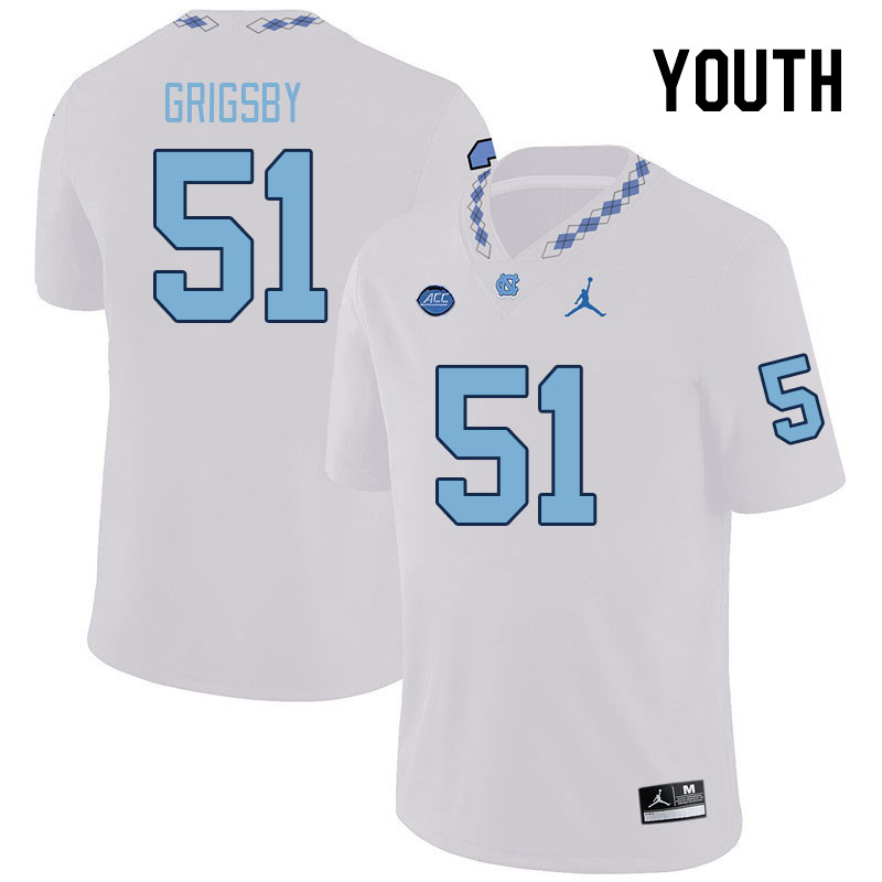 Youth #51 R.J. Grigsby North Carolina Tar Heels College Football Jerseys Stitched-White